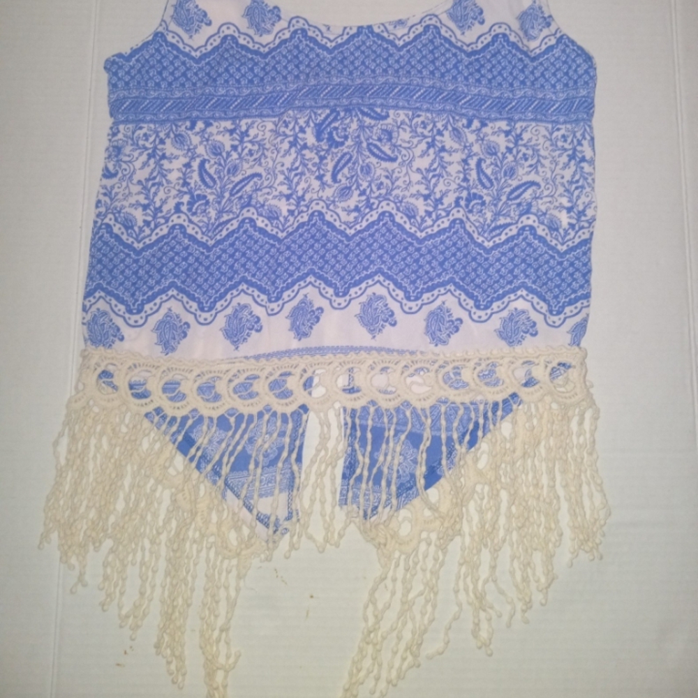 Blue and White Boho Fringe Top